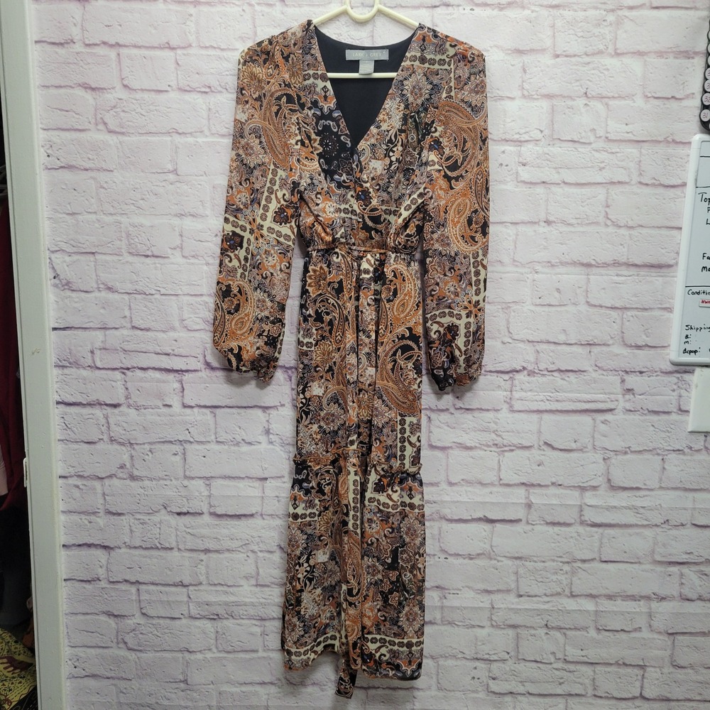 NEW Lark + Grey Paisley‎ Tiered Maxi Dress S Balloon Sleeve Flowy Boho Festival